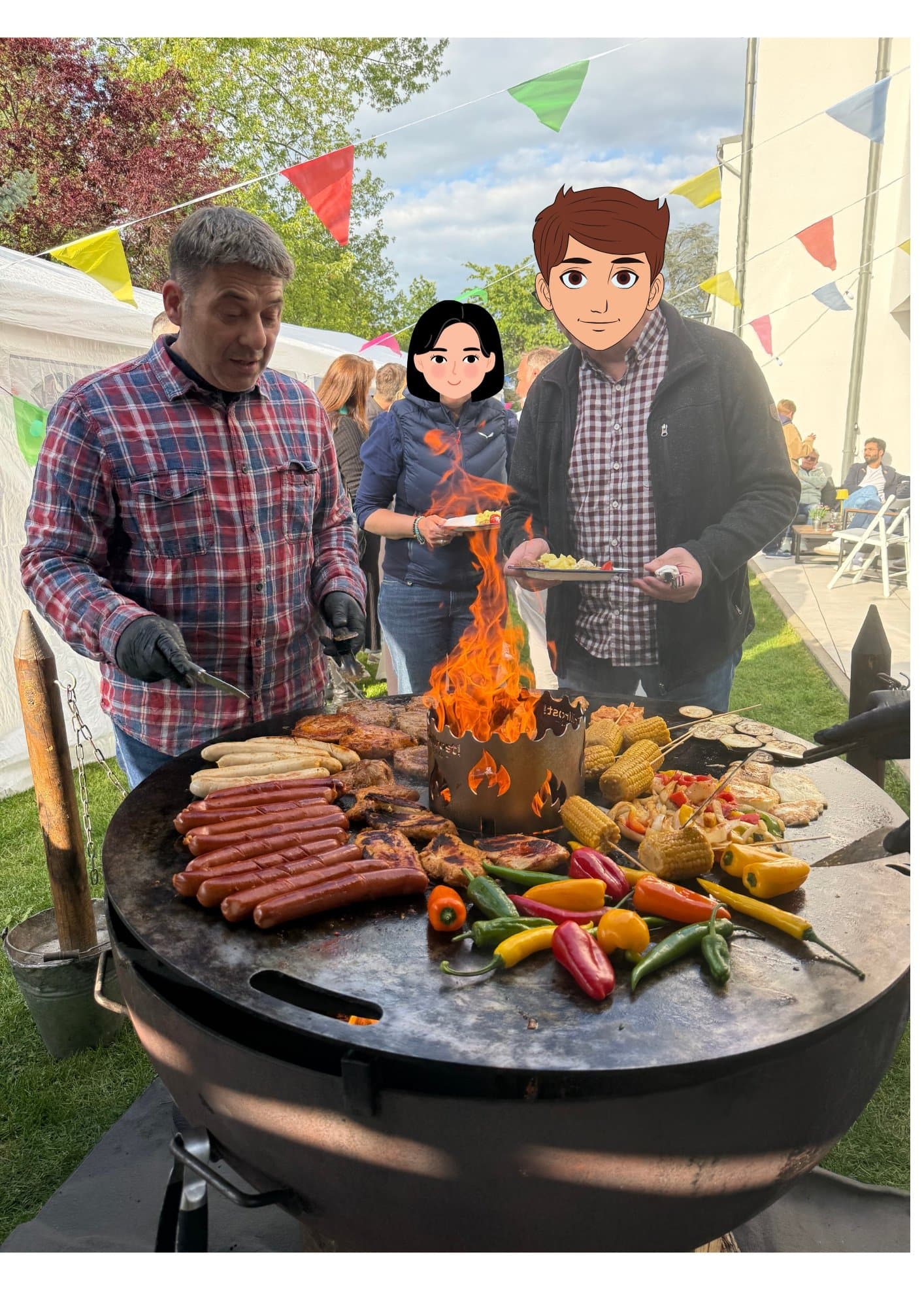 Grillen wie bei Freunden — Gäste holen sich Grillgut direkt an der Feuerplatte mit offener Flamme